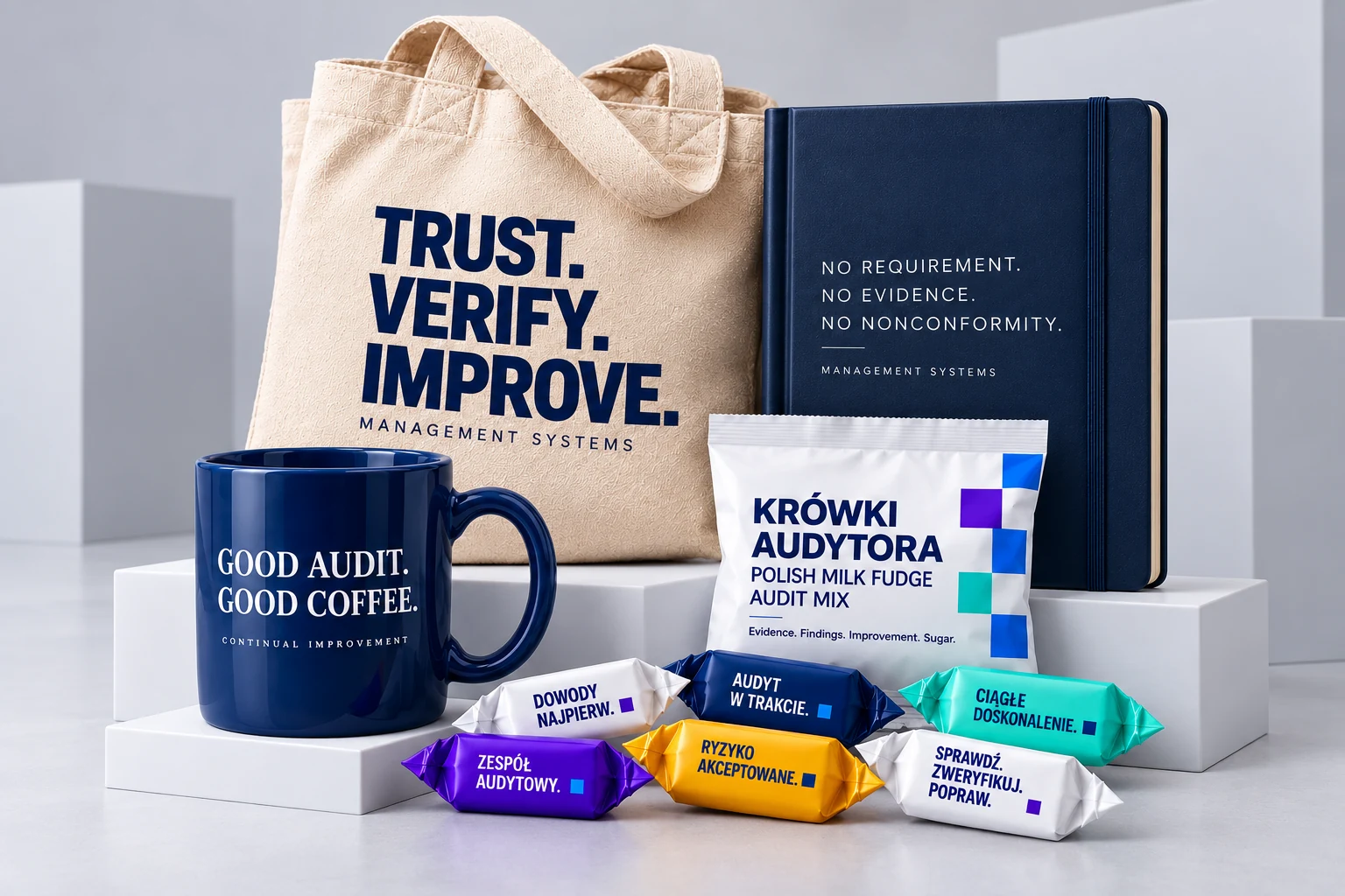 Auditor gift set with a mug, notebook, tote bag and Auditor’s Krówki