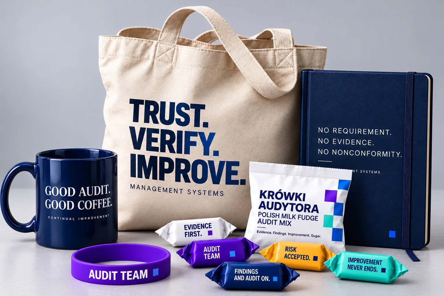 Auditor collection with a notebook, mug, Audit Team wristband and Auditor’s Krówki