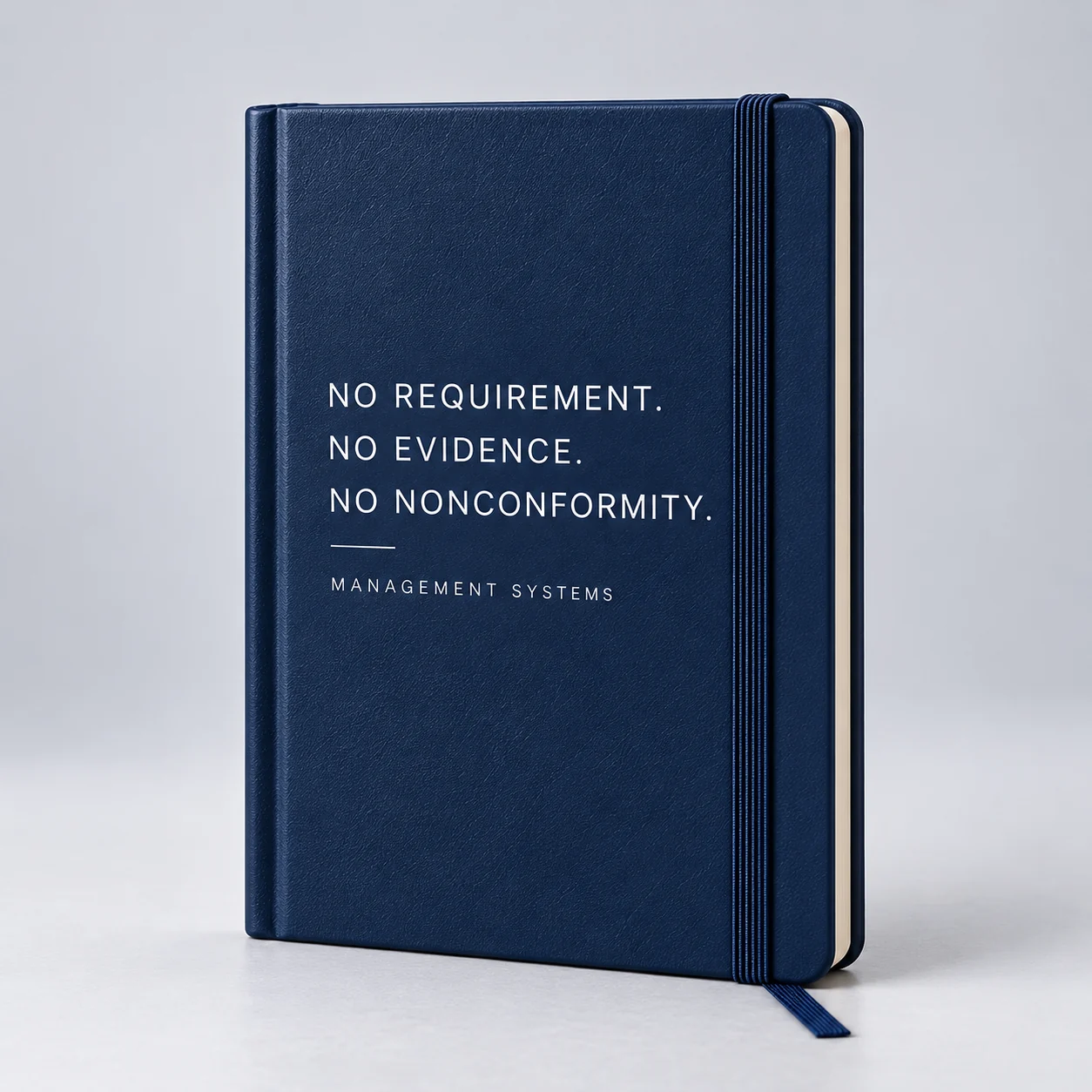 Dark navy auditor notebook with No Requirement. No Evidence. No Nonconformity message